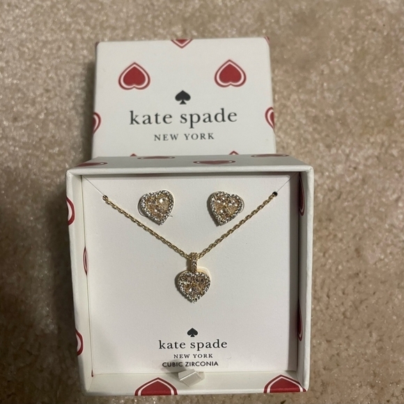 NIB Kate Spade New York Silver Gold Heart Necklace Earrings Set Cubic Zirconia - Picture 2 of 3